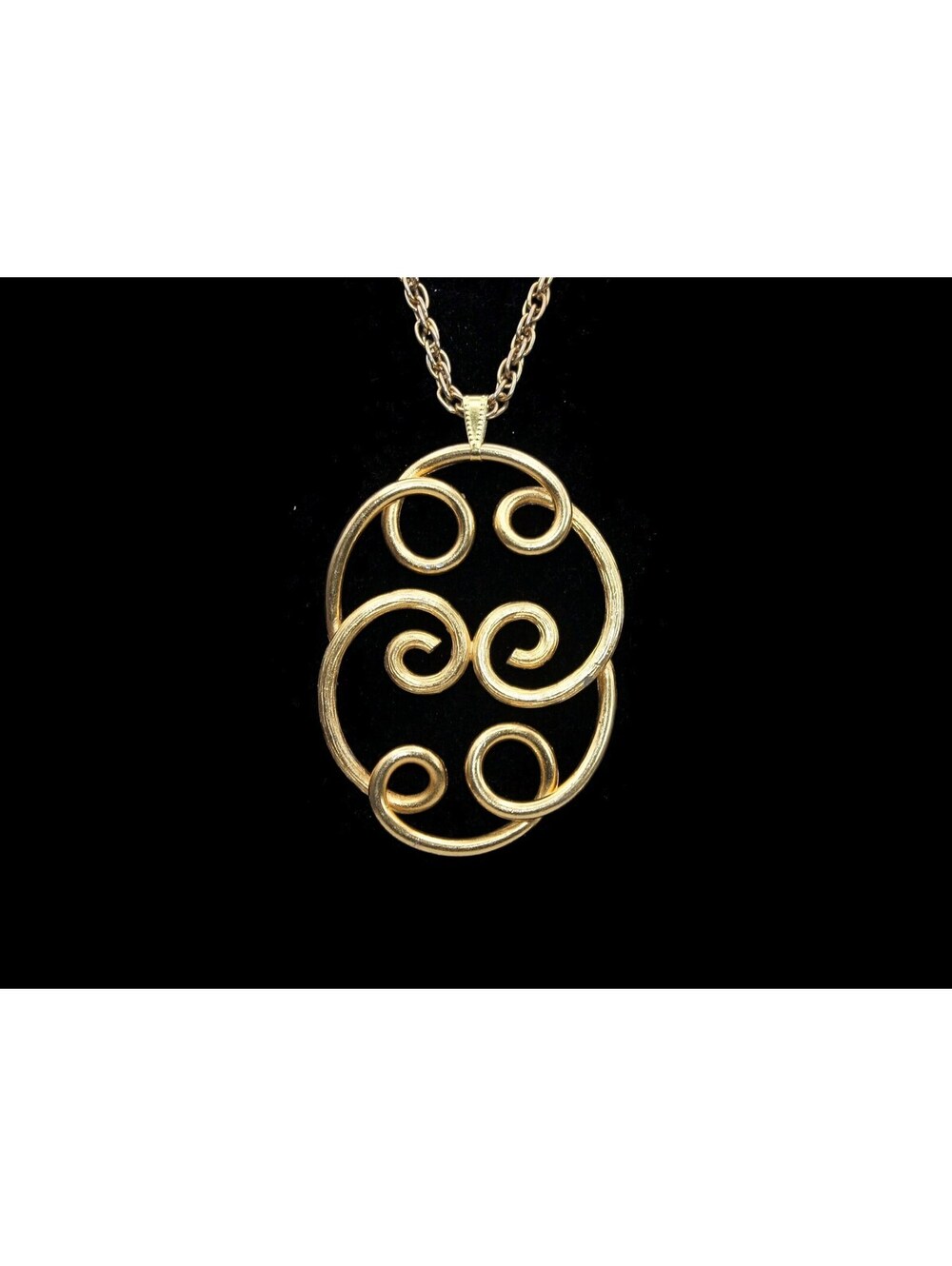 Vintage Roget Gold Tone Swirly Abstract 2 3/4" x 2" Pendant, 24" Chain Necklace.